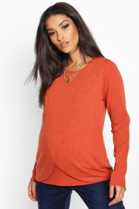 Boohoo - T-shirt de maternité et d'allaitement côtelé À manches longues - orange rouille - 44, orange rouille