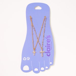 Claire's Bracelets de cheville à chaîne avec croix ornementés couleur dorée - Lot de 2