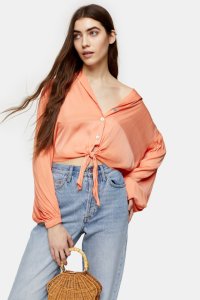 Coral Satin Tie Front Shirt - Corail