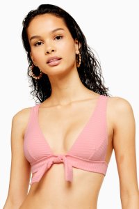 Topshop - Haut de bikini triangle long rose à larges côtes - rose