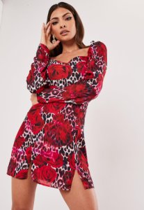 Mini-Robe Style Milkmaid Rouge à Imprimés Fleuri et Léopard, Rouge