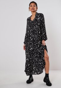 Missguided - Robe à smocks longue noire à plusieurs niveaux et imprimé dalmatien tall, noir