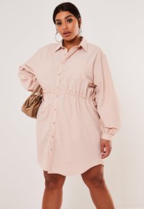Robe Chemise Rose à Taille Froncée Grande Taille, Rose