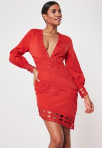 Missguided - Robe courte plongeante rouge en crochet et dentelle, rouge