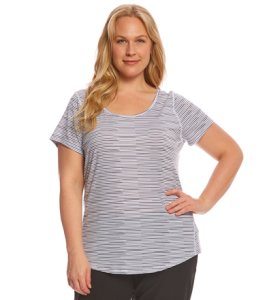 Lucy Women's Short Sleeve Plus Size Workout Tee Shirt - Black Broken Stripe Print 1X Polyester/Spandex/Tencel - Swimoutlet.com