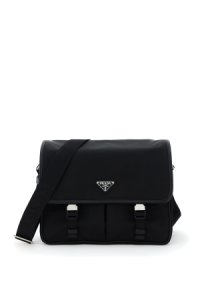 PRADA NYLON SHOULDER BAG WITH FLAP OS Black Leather, Technical
