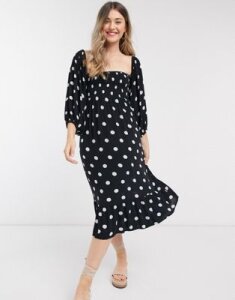 Accessorize Puff Sleeve midi polka dot dress in black