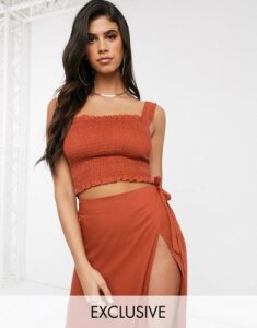 Akasa Exclusive ruched beach top in rust-Red