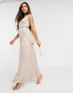 Amelia Rose Bridesmaid embellished wrap cape sleeve maxi dress in rose gold