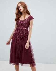 Amelia Rose embellished ombre sequin midi dress with cami strap in berry-Red