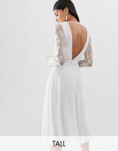 Amelia Rose Tall embroidered long sleeve midi dress with plunge back detail in white