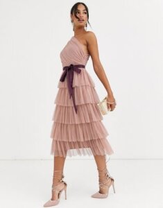 Anaya With Love one shoulder tiered midi dress in taupe-Pink