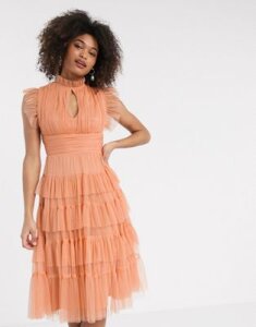 Anaya With Love tulle layered frill midi dress in soft coral-Orange