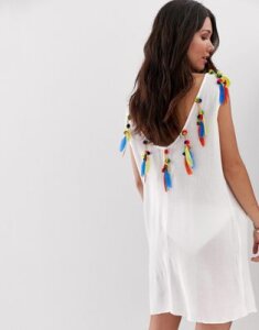 Anmol Low Back Beach Caftan With Faux Feather and Pom Trim-White