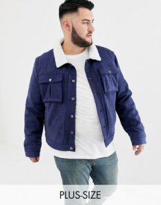Another Influence PLUS Faux Suede Jacket With Fleece Collar-Navy