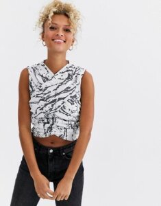 Another Reason drape front crop top in textured marble-Multi