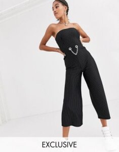 Another Reason strapless fitted jumpsuit in pinstripe with chain waist-Black