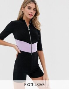 Another Reason unitard with chevron contrast panel-Black