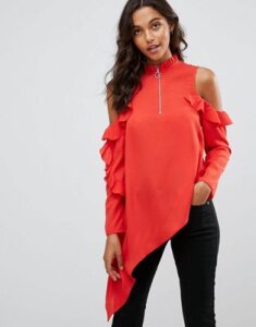 ASOS Asymmetric Top with Cold Shoulder and Ring Pull-Red