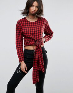 ASOS Check long sleeve top With Hardware And Tie Detail-Multi