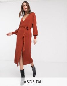 ASOS DEISGN Tall knitted wrap dress with volume sleeve-Red