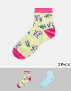 ASOS DESIGN 2 pack dinosaur and plain ankle socks in multi