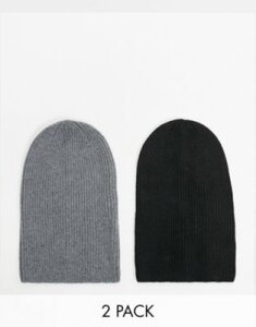 ASOS DESIGN 2 pack slouchy beanie in gray and black in recycled poly SAVE-Multi