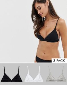 ASOS DESIGN 3 pack jersey triangle bra in black white & gray-Multi