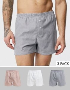 ASOS DESIGN 3 pack lounge woven boxer in plain and stripes save-Multi