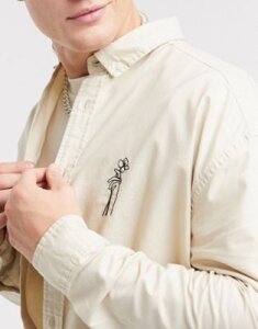 ASOS DESIGN 90s oversized oxford shirt with embroidery chest logo in stone-Beige