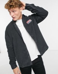 ASOS DESIGN 90s oversized set shirt in washed black with chest basketball embroidery-Gray