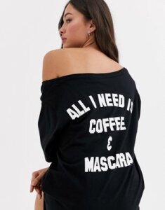 ASOS DESIGN All I need is coffee & Mascara off shoulder sleep tee-Black
