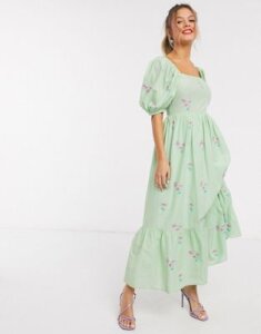 ASOS DESIGN all over embroidered cotton midi dress with lace up back in green