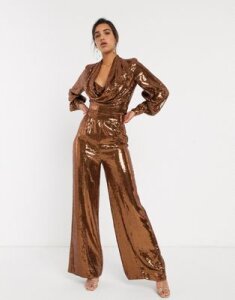ASOS DESIGN all over sequin wide leg pants with splits two-piece-Brown