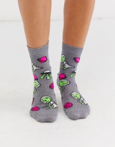 ASOS DESIGN astronaut dinosaur ankle socks-Silver