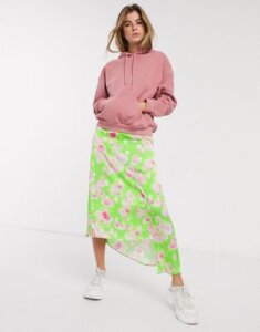 ASOS DESIGN asymmetric high shine satin midi skirt in green floral print-Multi