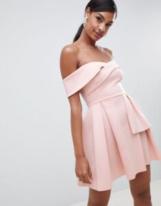 ASOS DESIGN Bardot Fold Wrap Front Mini Skater Dress-Pink