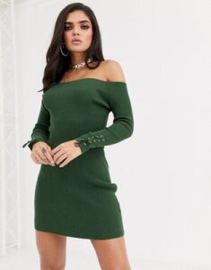 ASOS DESIGN bardot knit mini dress with lace up cuff detail-Green