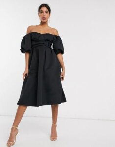 ASOS DESIGN bardot puff sleeve midi prom dress with belt detail-Black
