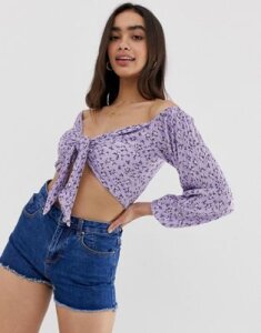 ASOS DESIGN bardot top with tie front in ditsy floral print plisse-Multi