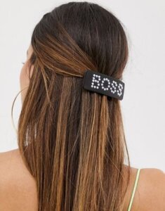 ASOS DESIGN barette hair clip in tortoiseshell with pearl boss slogan-Multi