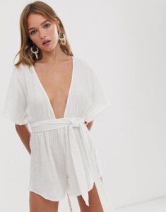 ASOS DESIGN beach romper with lattice back in natural crinkle fabric-White
