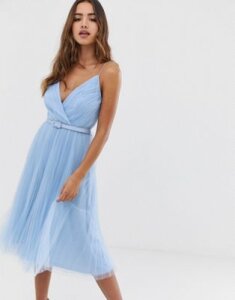 ASOS DESIGN belted pleated tulle cami midi dress-Blue