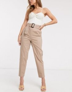 ASOS DESIGN belted single pleat peg pants with tortoiseshell buckle in stone