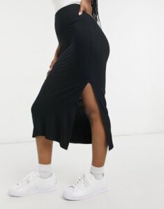 ASOS DESIGN bias cut jersey midi slip skirt with split in black