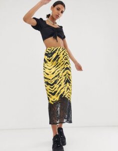 ASOS DESIGN bias cut satin midi slip skirt with lace hem in tiger print-Multi