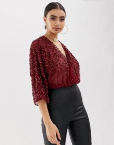 ASOS DESIGN body in sequin embellishment with plunge wrap and kimono sleeve-Red