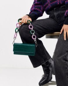 ASOS DESIGN boxy bag in croc with statement resin chain-Green