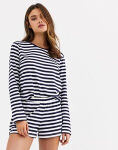 ASOS DESIGN breton stripe long sleeve tee & short pyjama set-Blue