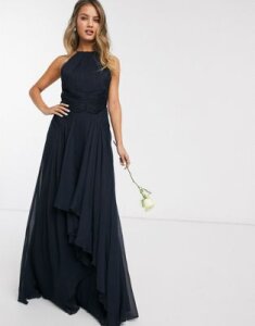 ASOS DESIGN Bridesmaid pinny maxi dress with ruched bodice and layered skirt detail-Navy